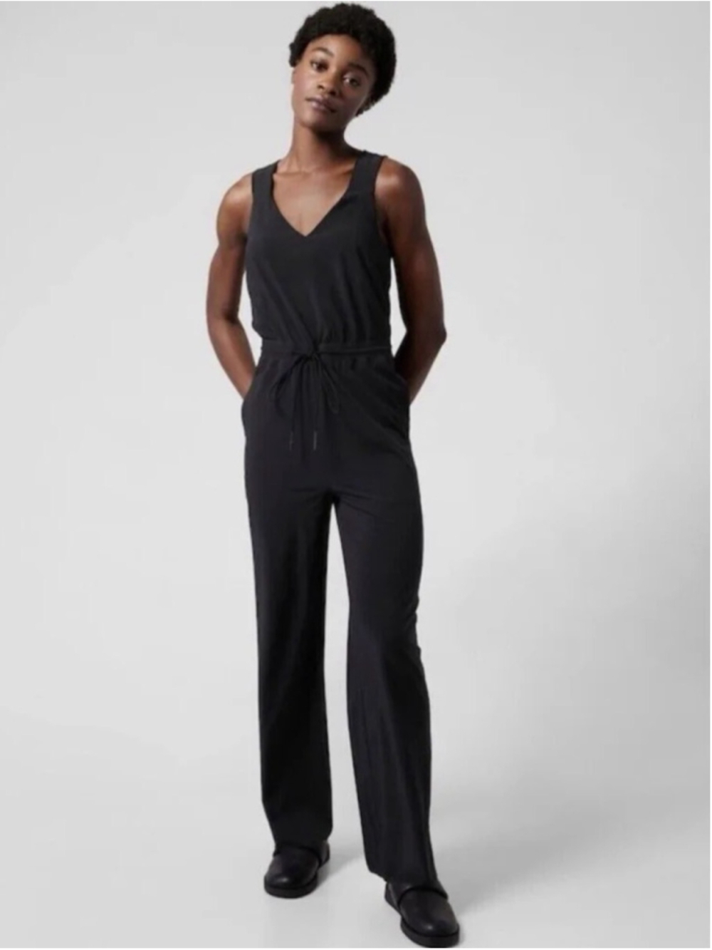 Athleta Savannah Black Wide Leg Jumpsuit Drawstring Waist Athleisure Size 8